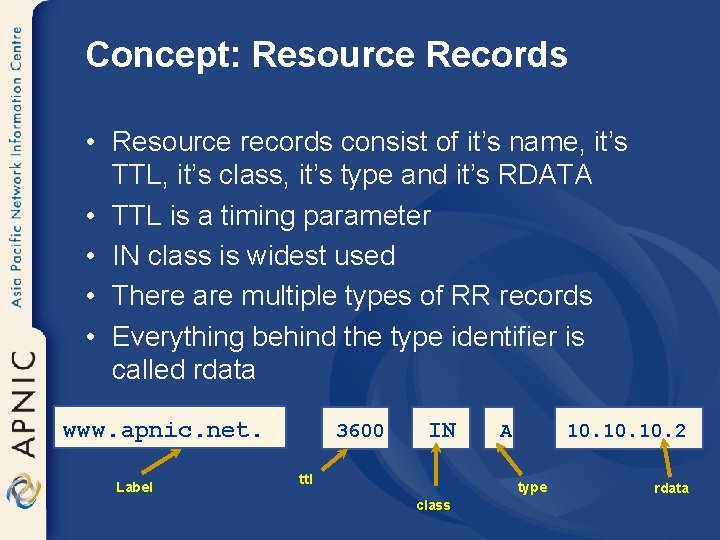 Concept: Resource Records • Resource records consist of it’s name, it’s TTL, it’s class,