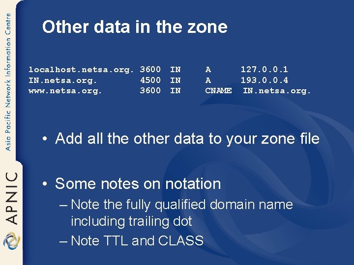 Other data in the zone localhost. netsa. org. 3600 IN IN. netsa. org. 4500