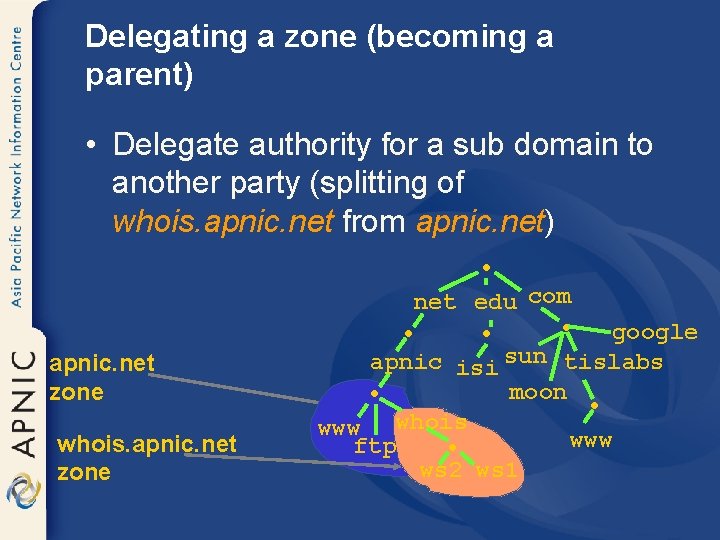 Delegating a zone (becoming a parent) • Delegate authority for a sub domain to