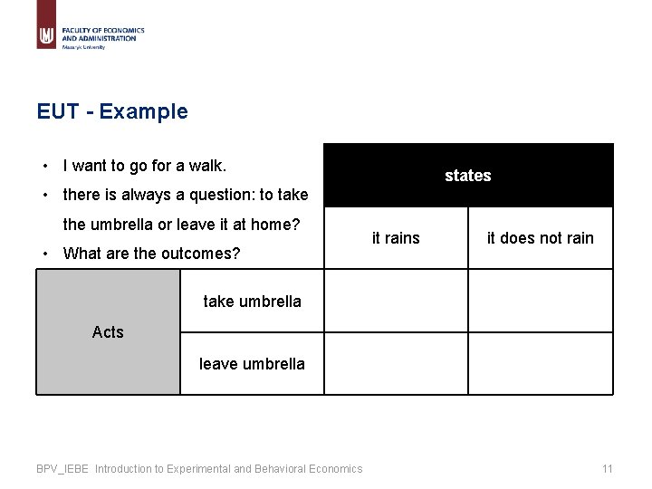 EUT - Example • I want to go for a walk. states • there