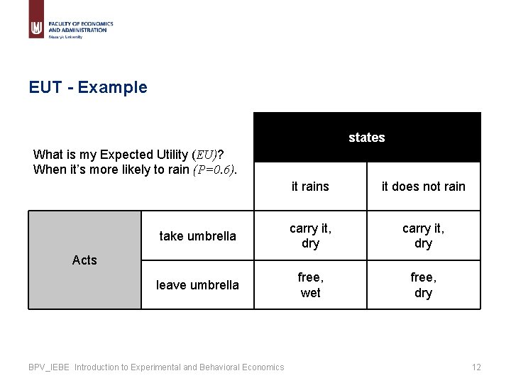 EUT - Example states What is my Expected Utility (EU)? When it’s more likely