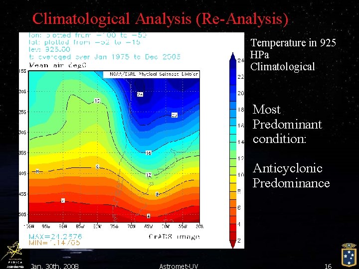 Climatological Analysis (Re-Analysis) Temperature in 925 HPa Climatological Most Predominant condition: Anticyclonic Predominance Jan.