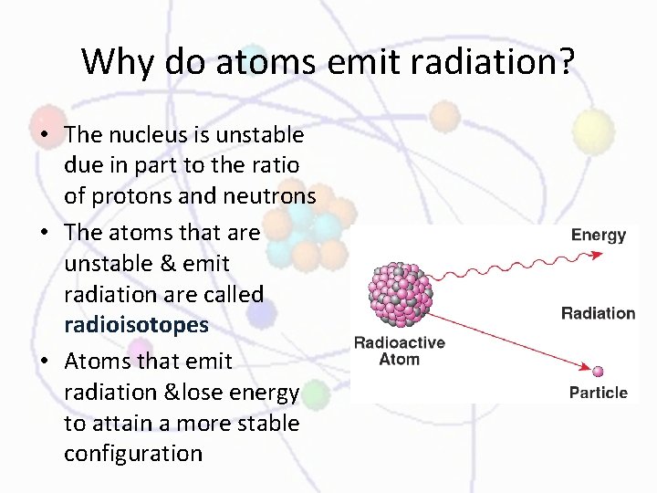 Why do atoms emit radiation? • The nucleus is unstable due in part to