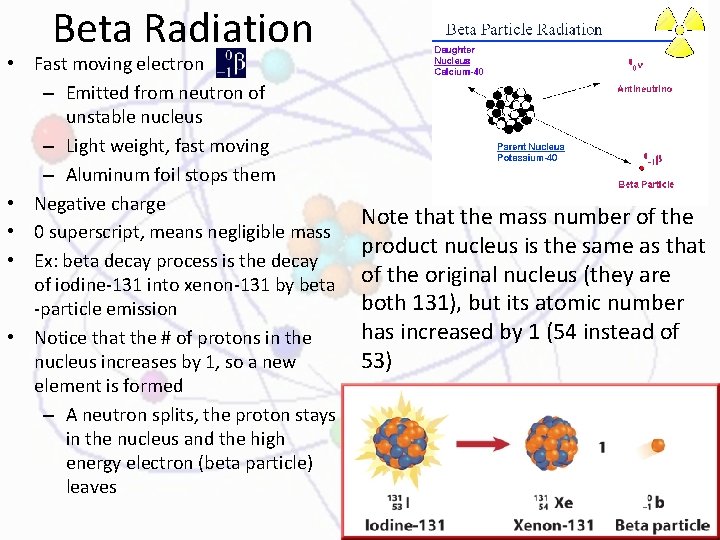 Beta Radiation • Fast moving electron – Emitted from neutron of unstable nucleus –