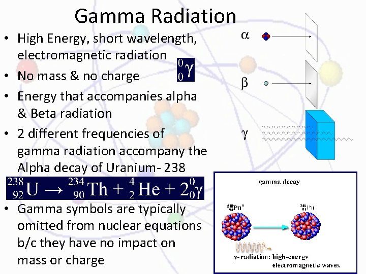 Gamma Radiation • High Energy, short wavelength, electromagnetic radiation • No mass & no