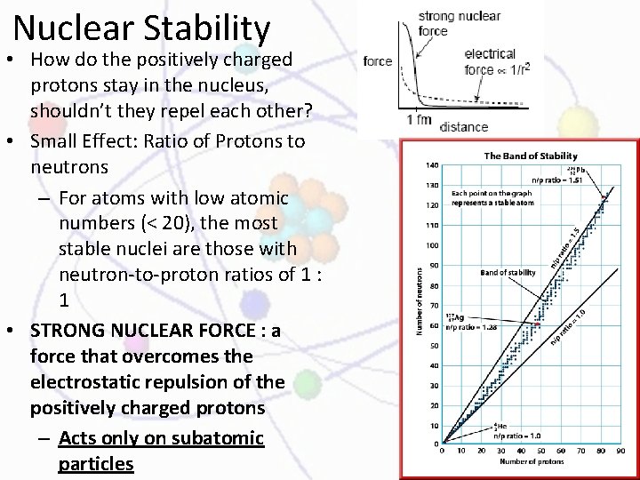 Nuclear Stability • How do the positively charged protons stay in the nucleus, shouldn’t