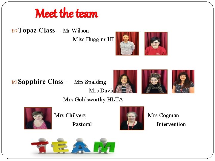 Meet the team Topaz Class – Mr Wilson Miss Huggins HLTA Sapphire Class -