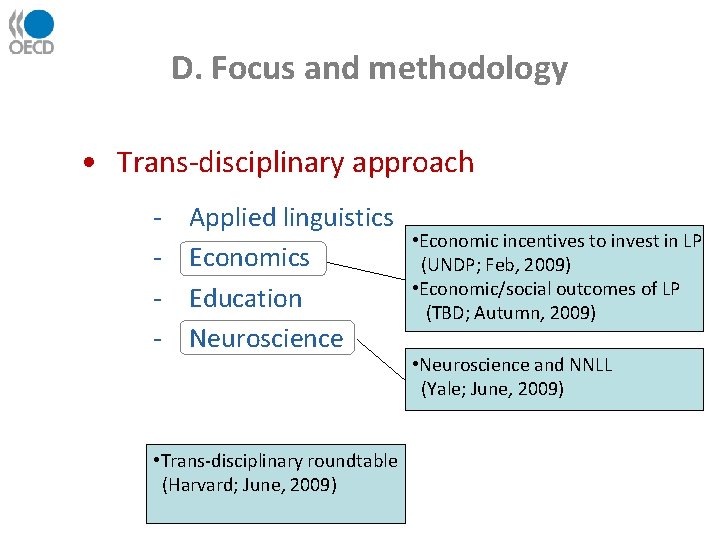 D. Focus and methodology • Trans-disciplinary approach - Applied linguistics Economics Education Neuroscience •
