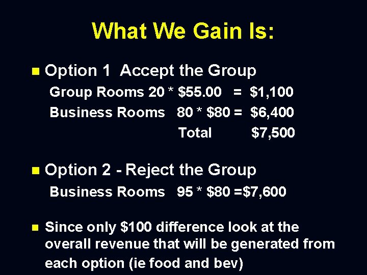What We Gain Is: n Option 1 Accept the Group Rooms 20 * $55.