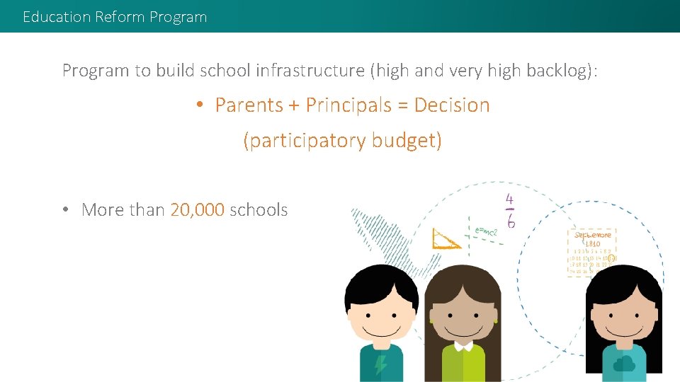 Education Reform Program to build school infrastructure (high and very high backlog): • Parents