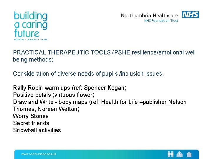 PRACTICAL THERAPEUTIC TOOLS (PSHE resilience/emotional well being methods) Consideration of diverse needs of pupils