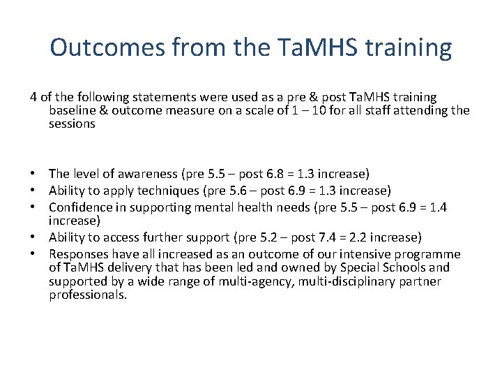 Outcomes from the Ta. MHS training 4 of the following statements were used as