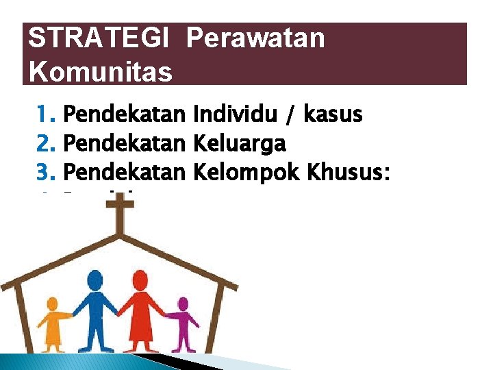 STRATEGI Perawatan Komunitas 1. Pendekatan Individu / kasus 2. Pendekatan Keluarga 3. Pendekatan Kelompok