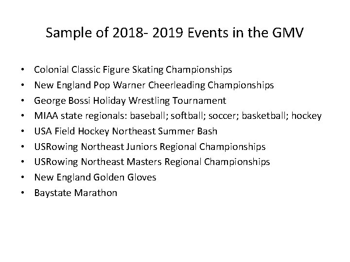 Sample of 2018 - 2019 Events in the GMV • • • Colonial Classic