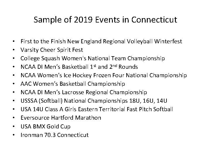 Sample of 2019 Events in Connecticut • • • First to the Finish New