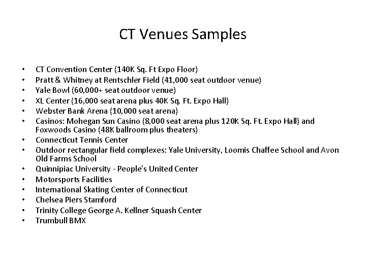 CT Venues Samples • • • • CT Convention Center (140 K Sq. Ft