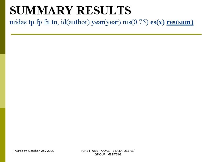 SUMMARY RESULTS midas tp fp fn tn, id(author) year(year) ms(0. 75) es(x) res(sum) Thursday SUMMARY RESULTS midas tp fp fn tn, id(author) year(year) ms(0. 75) es(x) res(sum) Thursday