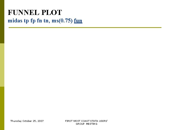 FUNNEL PLOT midas tp fp fn tn, ms(0. 75) fun Thursday October 25, 2007 FUNNEL PLOT midas tp fp fn tn, ms(0. 75) fun Thursday October 25, 2007