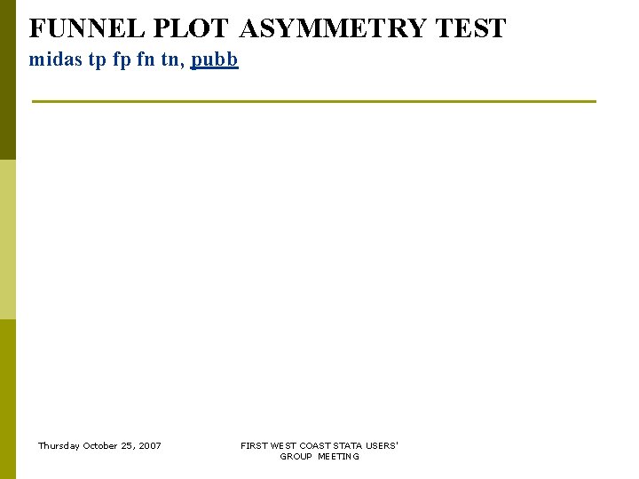 FUNNEL PLOT ASYMMETRY TEST midas tp fp fn tn, pubb Thursday October 25, 2007 FUNNEL PLOT ASYMMETRY TEST midas tp fp fn tn, pubb Thursday October 25, 2007