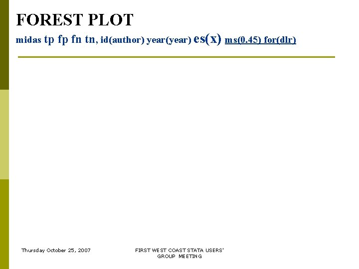 FOREST PLOT midas tp fp fn tn, id(author) year(year) es(x) ms(0. 45) for(dlr) Thursday FOREST PLOT midas tp fp fn tn, id(author) year(year) es(x) ms(0. 45) for(dlr) Thursday