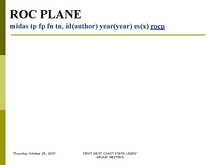 ROC PLANE midas tp fp fn tn, id(author) year(year) es(x) rocp Thursday October 25, ROC PLANE midas tp fp fn tn, id(author) year(year) es(x) rocp Thursday October 25,