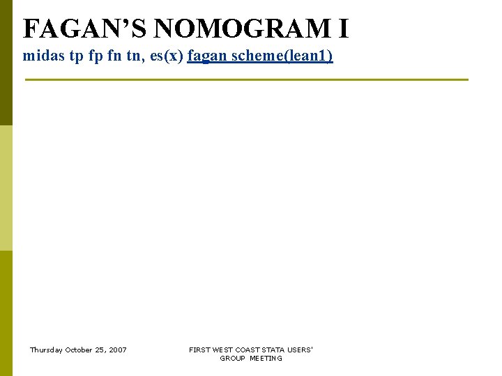 FAGAN’S NOMOGRAM I midas tp fp fn tn, es(x) fagan scheme(lean 1) Thursday October FAGAN’S NOMOGRAM I midas tp fp fn tn, es(x) fagan scheme(lean 1) Thursday October
