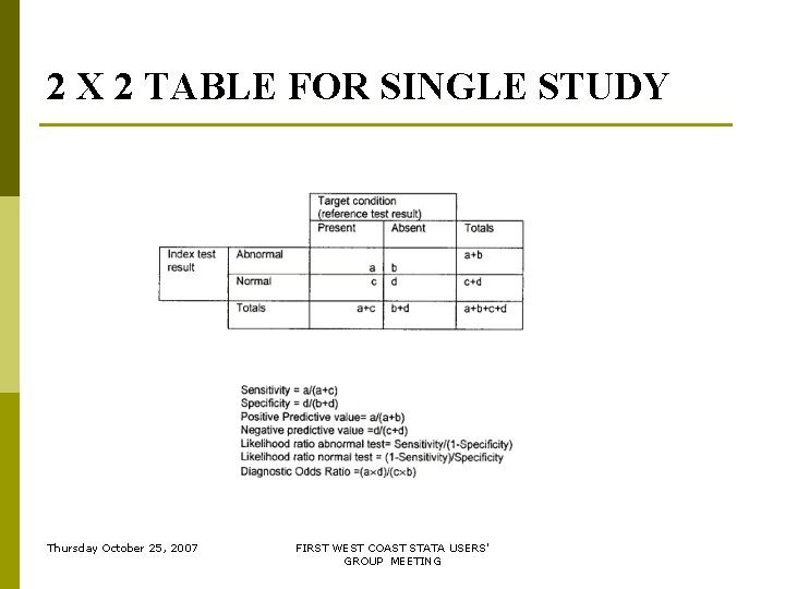 2 X 2 TABLE FOR SINGLE STUDY Thursday October 25, 2007 FIRST WEST COAST 2 X 2 TABLE FOR SINGLE STUDY Thursday October 25, 2007 FIRST WEST COAST