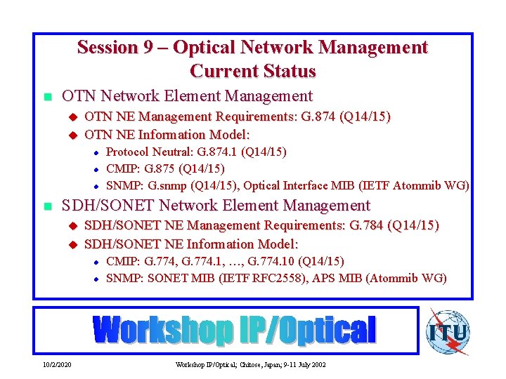 Session 9 – Optical Network Management Current Status n OTN Network Element Management u