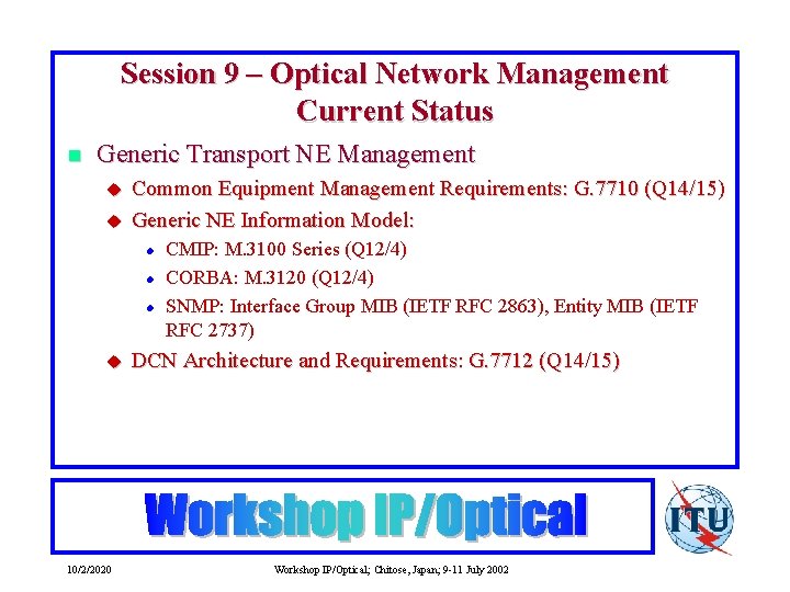 Session 9 – Optical Network Management Current Status n Generic Transport NE Management u