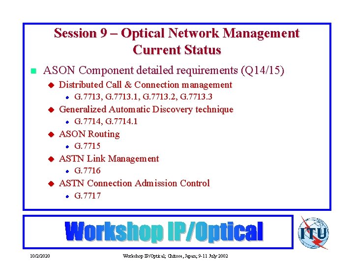 Session 9 – Optical Network Management Current Status n ASON Component detailed requirements (Q