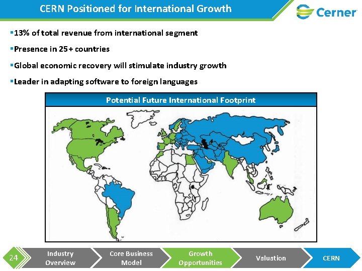 CERN Positioned for International Growth § 13% of total revenue from international segment §Presence