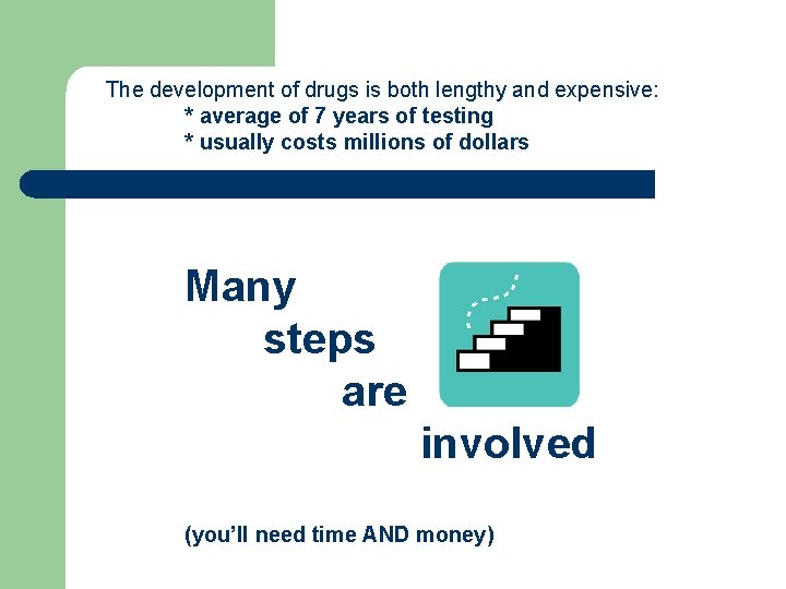 The development of drugs is both lengthy and expensive: * average of 7 years
