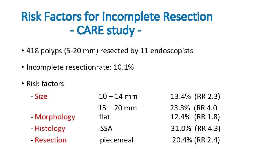 Risk Factors for Incomplete Resection - CARE study • 418 polyps (5 -20 mm)