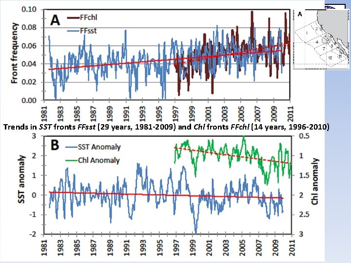 Trends in SST fronts FFsst (29 years, 1981 -2009) and Chl fronts FFchl (14