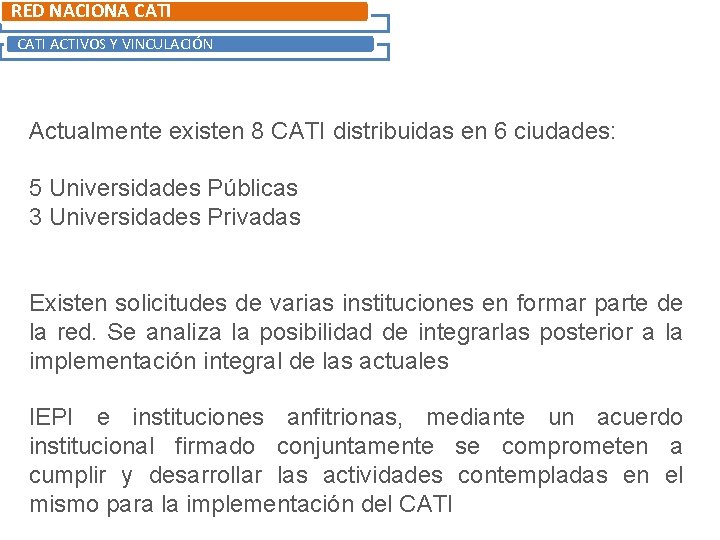RED NACIONA CATI ACTIVOS Y VINCULACIÓN Actualmente existen 8 CATI distribuidas en 6 ciudades: