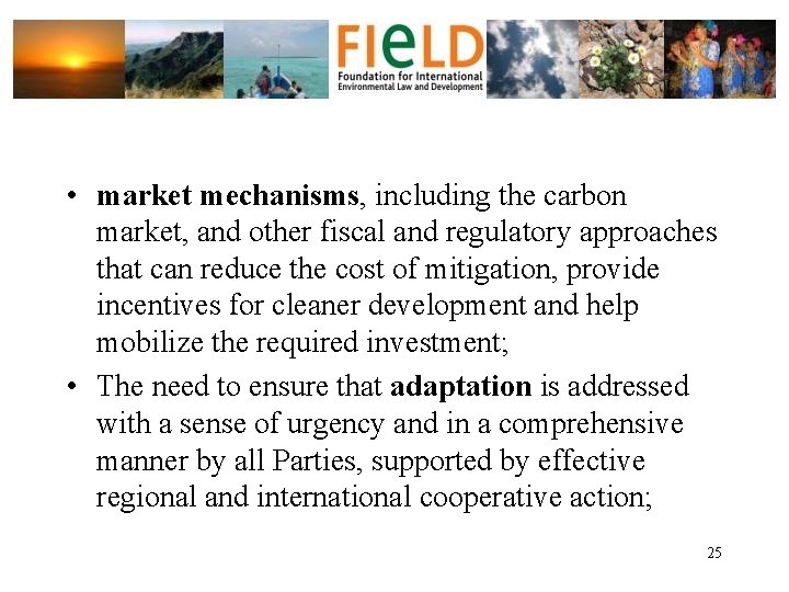  • market mechanisms, including the carbon market, and other fiscal and regulatory approaches