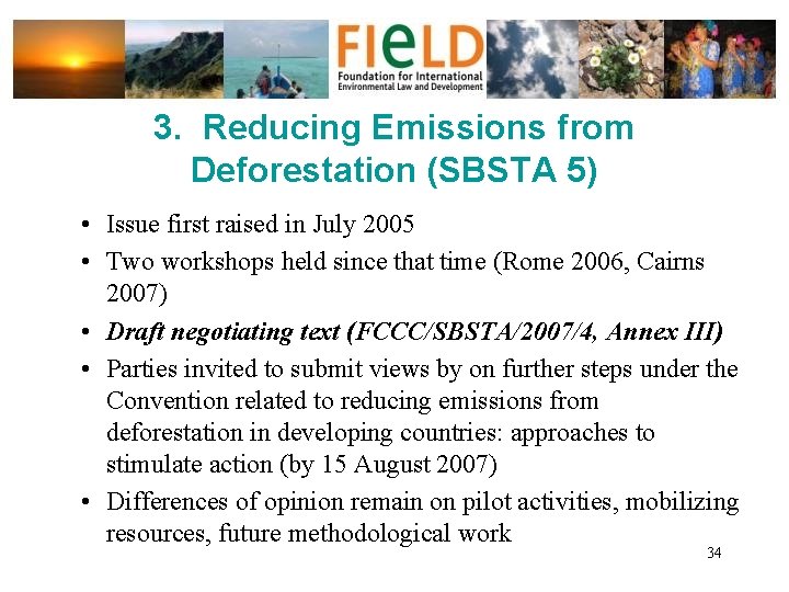 3. Reducing Emissions from Deforestation (SBSTA 5) • Issue first raised in July 2005