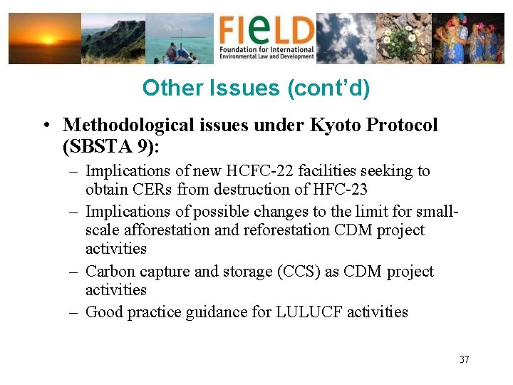 Other Issues (cont’d) • Methodological issues under Kyoto Protocol (SBSTA 9): – Implications of