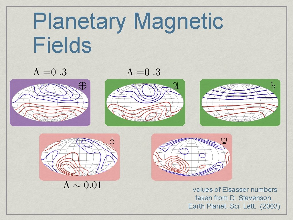 Planetary Magnetic Fields values of Elsasser numbers taken from D. Stevenson, Earth Planet. Sci.