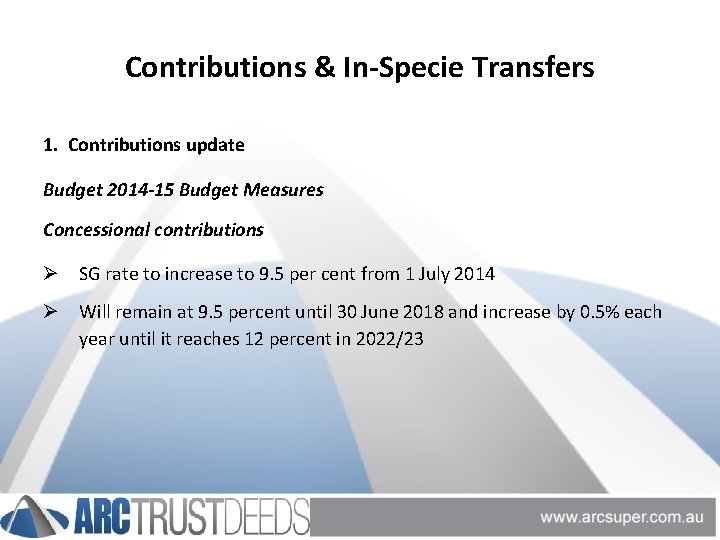 Contributions & In-Specie Transfers 1. Contributions update Budget 2014 -15 Budget Measures Concessional contributions