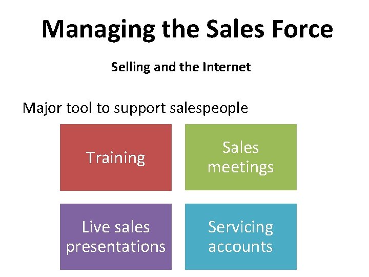 Managing the Sales Force Selling and the Internet Major tool to support salespeople Training