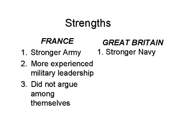 Strengths 1. 2. 3. FRANCE GREAT BRITAIN 1. Stronger Navy Stronger Army More experienced