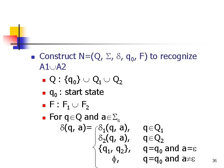 n Construct N=(Q, , , q 0, A 1 A 2 n Q :