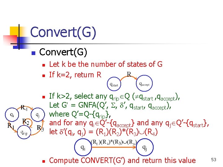 Convert(G) n n n n Let k be the number of states of G