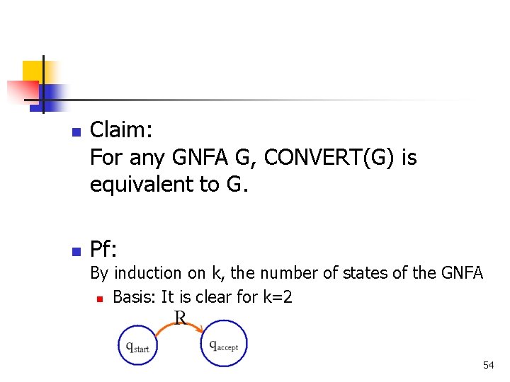 n n Claim: For any GNFA G, CONVERT(G) is equivalent to G. Pf: By