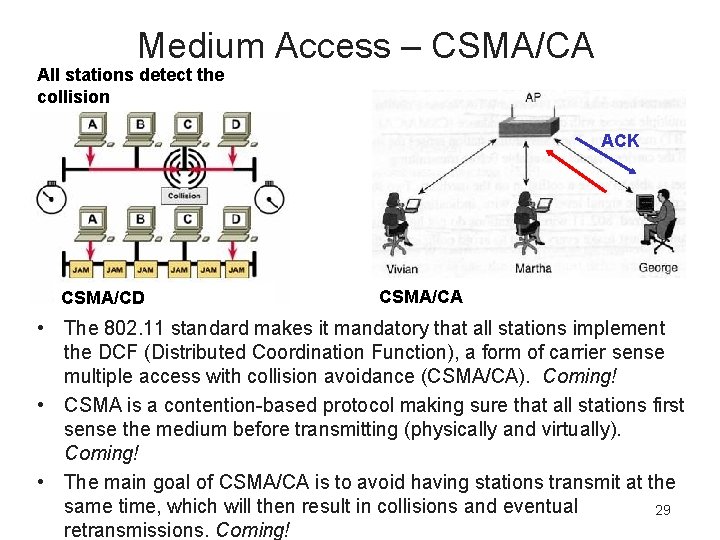 Medium Access – CSMA/CA All stations detect the collision ACK CSMA/CD CSMA/CA • The