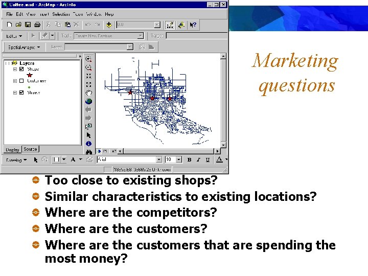 Marketing questions Too close to existing shops? Similar characteristics to existing locations? Where are