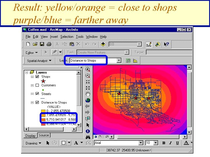 Result: yellow/orange = close to shops purple/blue = farther away 