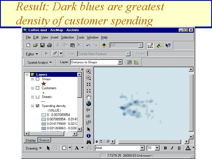 Result: Dark blues are greatest density of customer spending 