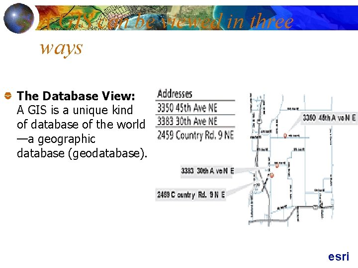 A GIS can be viewed in three ways The Database View: A GIS is